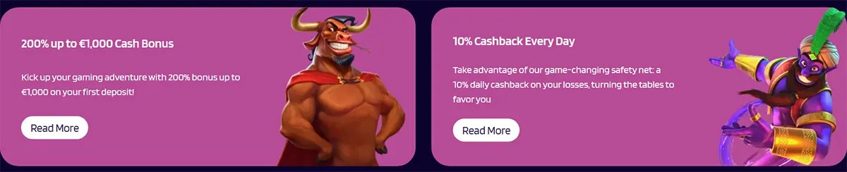 Two purple promotional cards: one for “200% up to €1,000 Cash Bonus” with a bull mascot, and one for “10% Cashback Every Day” with a colourful character, each with short text and a “Read More” button.
