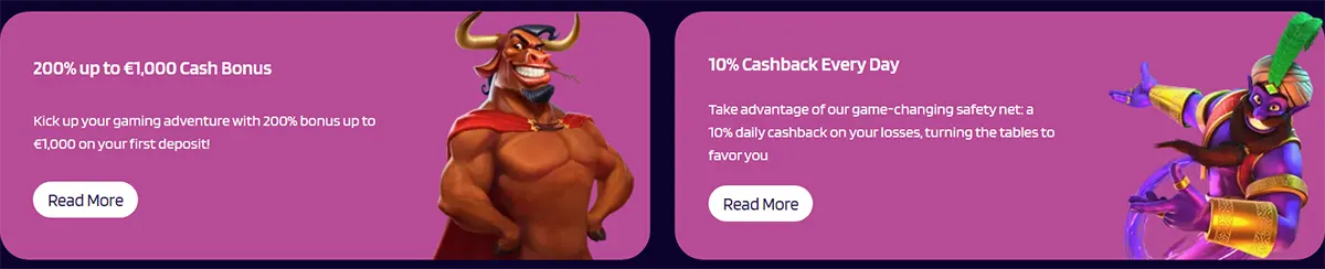 Two purple promotional cards: one for “200% up to €1,000 Cash Bonus” with a bull mascot, and one for “10% Cashback Every Day” with a colourful character, each with short text and a “Read More” button.