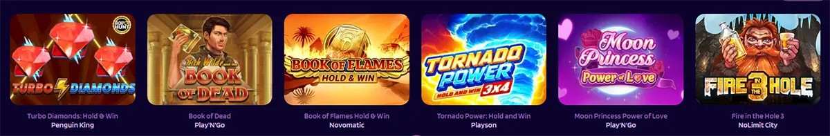 Row of slot game thumbnails showing Turbo Diamonds Hold & Win, Book of Dead, Book of Flames Hold & Win, Tornado Power Hold and Win 3x4, Moon Princess Power of Love, and Fire in the Hole 3.