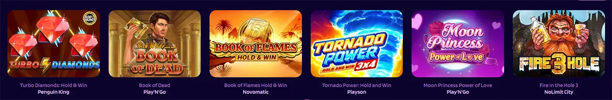 Row of slot game thumbnails showing Turbo Diamonds Hold & Win, Book of Dead, Book of Flames Hold & Win, Tornado Power Hold and Win 3x4, Moon Princess Power of Love, and Fire in the Hole 3.